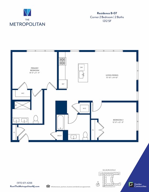 Floor plan for 2 beds, 2 baths, 1212 sqft
